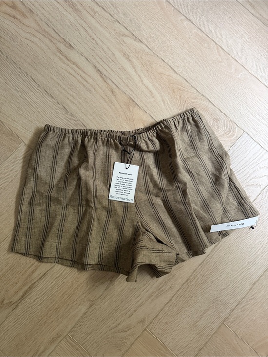 Reformation Pants - Reformation Nora Tan Brown Striped Linen-Blend Shorts